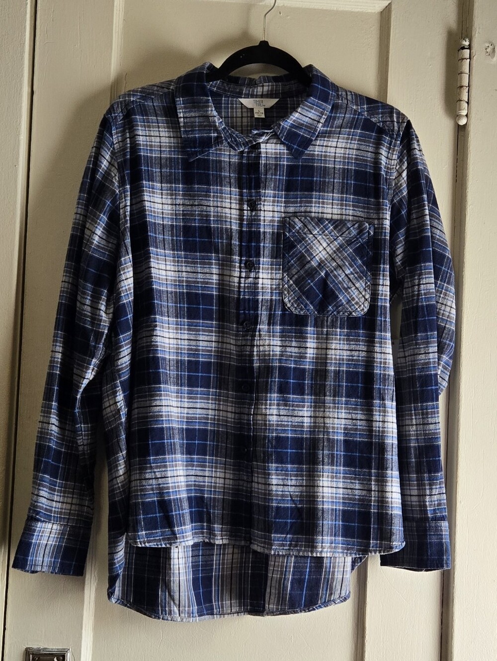 Time And Tru Blue Plaid Button-Up  Shirt - Casual Long Sleeve